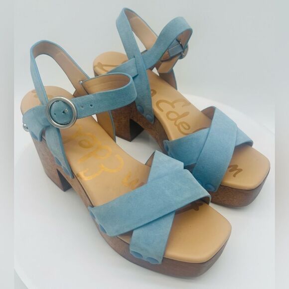 New! SAM EDELMAN Women's Josefine Platform Heeled Sandal Sky Blue - Picture 2 of 15